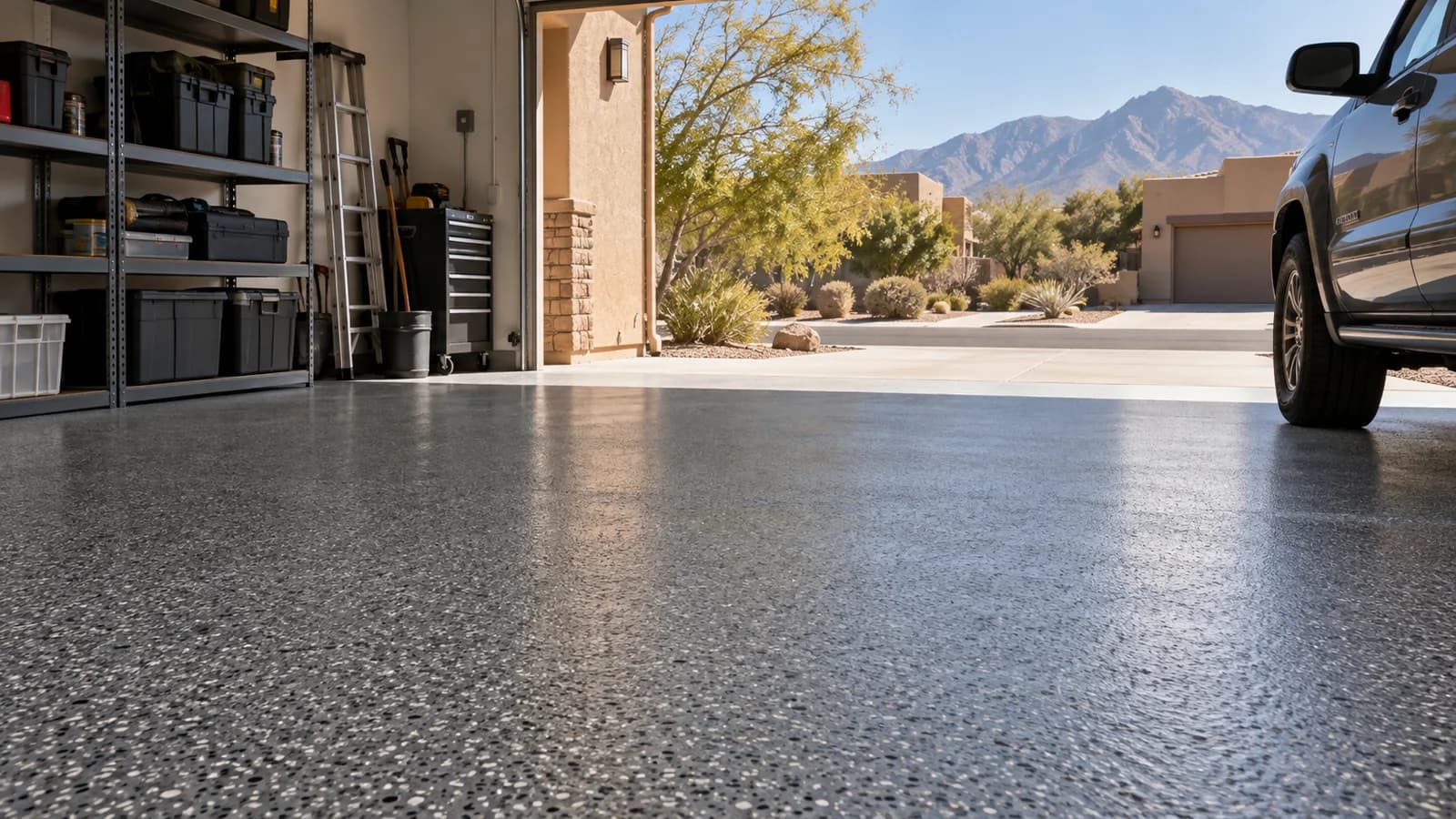 Illustrative image of a residential garage with a gray full-flake coated floor