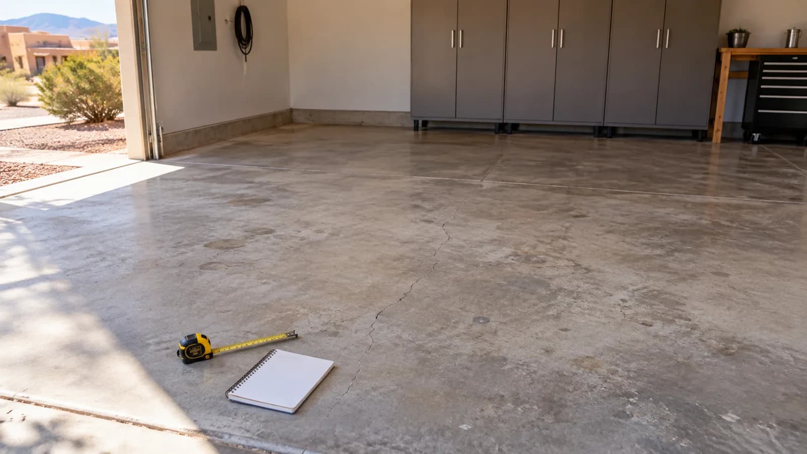 Illustrative image of an uncoated garage slab and measuring tape before an estimate