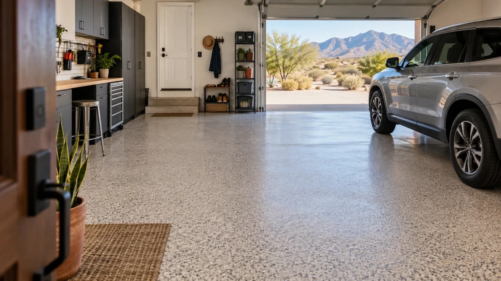Illustrative image of a tidy residential garage with a finished floor and storage