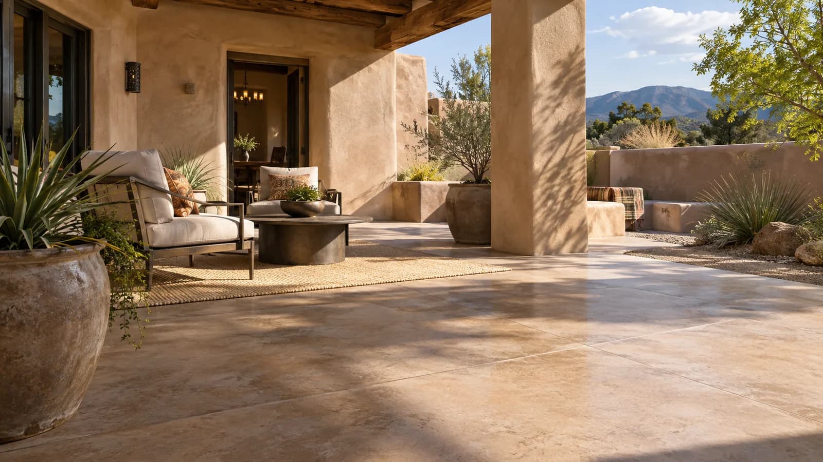 Illustrative Santa Fe-style courtyard with a warm-toned decorative concrete patio