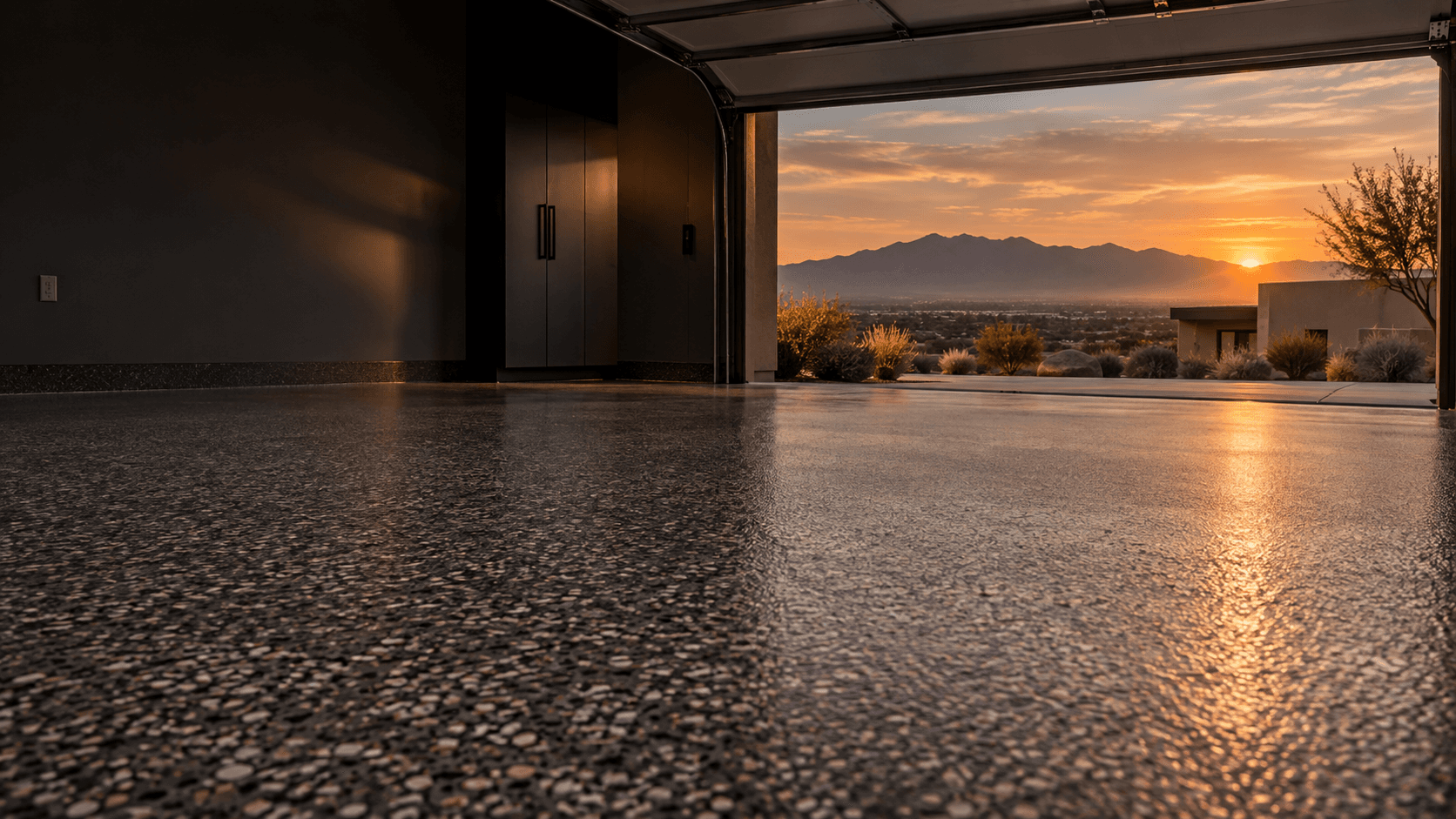 Premium full-flake garage floor in a New Mexico home